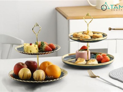 Khay đựng bánh 2 tầng Cake stand gốm xanh cao cấp CE-CSTAND-01
